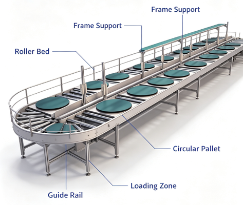 Custom Aluminum Oval Closed-Loop Roller Conveyor System With Multi-Station Rotating Circular Worktables | ESD Anti-static Belt Optional Assembly Transport Line